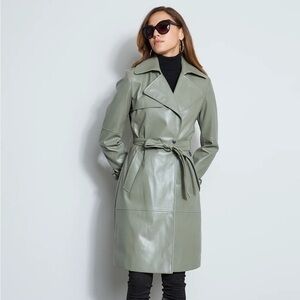 Elie Tahari Sage Green Vegan Leather Belted Trench Coat Large